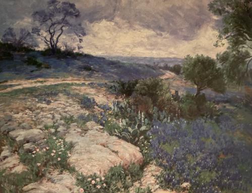 Oil painting on canvas of landscape with blue lavender flowers and trees