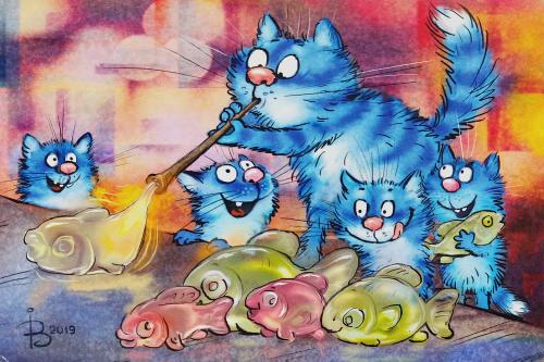 Funny cartoon cats playing with a broom on a colorful background.