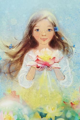 Portrait of a beautiful little girl with a bouquet of flowers