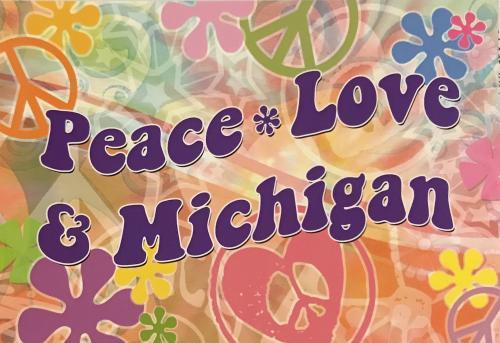 Peace Love Music written on a colorful background with flowers and leaves.
