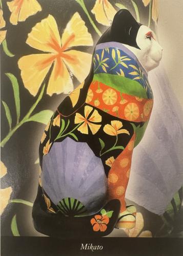 Penguin in a Japanese kimono on a background of flowers
