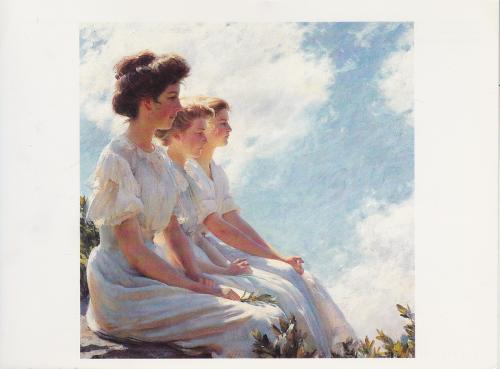 Beautiful bride and her bridesmaids on the background of the sky
