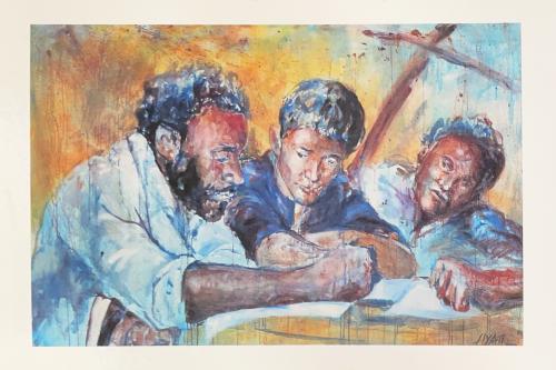 Painting of a group of old people in the old town of Lviv, Ukraine