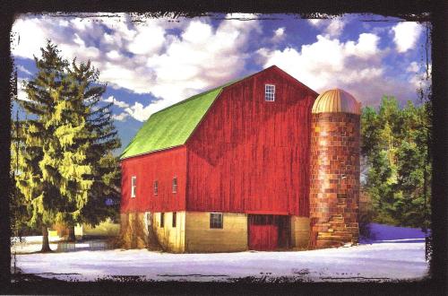 Red barn with blue sky in the background. Vintage postcard.