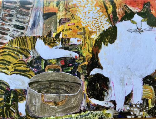 Painting of a cat in a pot on the background of the city