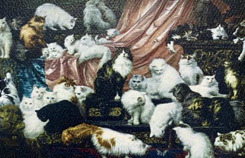 Folk art, cats in the church, detail of painting on canvas