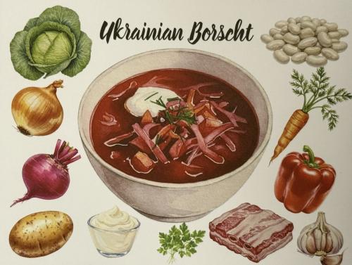 Ukrainian borscht soup. Illustration of a vintage photo.