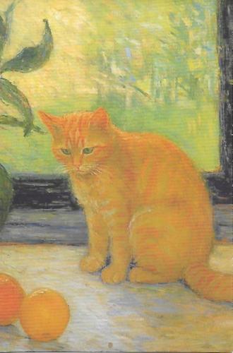 Painting of a red cat sitting on the floor and looking at oranges