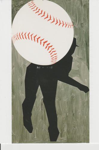 A baseball player holding a ball against a painted wall. The image depicts a baseball player.