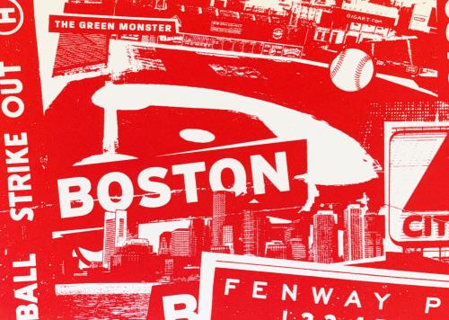 Boston skyline on a red grunge background. Stylized image.