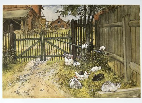 Rural scene with chicken and rabbit in the yard. Hand drawn illustration.