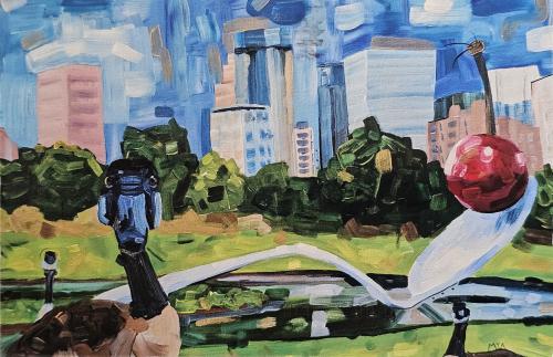 watercolor drawing of the city with a cherry in his hand.