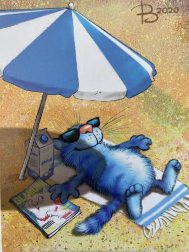A blue cat is reading a book under an umbrella on the beach.