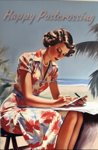Beautiful young woman writing in a notebook on a tropical beach background