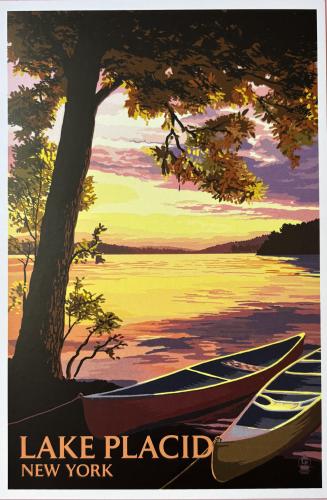 Lakeside view with canoe and trees in autumn colors, illustration.