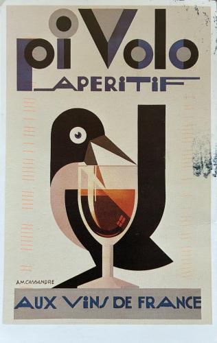 A postcard printed in Palma de Mallorca shows image of a bird with a glass of wine.