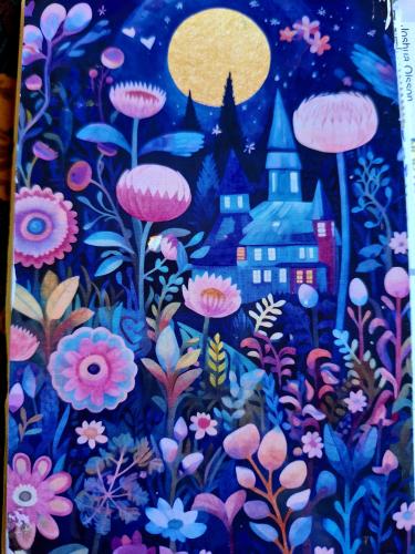 Colorful abstract painting on canvas in the form of a house.