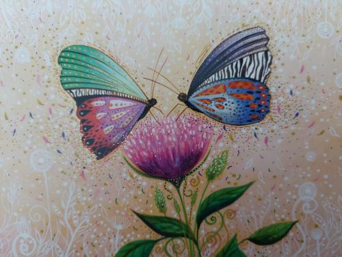 Butterfly and flower on the wall. Handmade drawing.