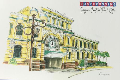 A postcard printed in Russia shows the building of the railway station, circa 2015.